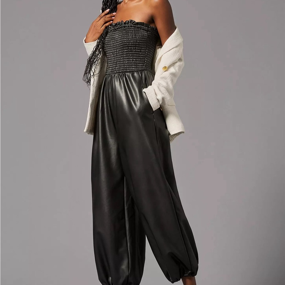 Anthropologie Black Faux Leather Strapless Balloon  Jumpsuit